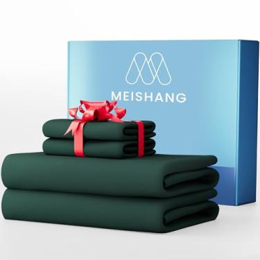 Imagem de MEISHANG Lençóis de algodão 1000 fios Queen Size - 100% algodão egípcio, cetim acetinado, ultramacio e respirável, bolsos profundos de 40 cm - 4 peças (Queen, verde escuro)