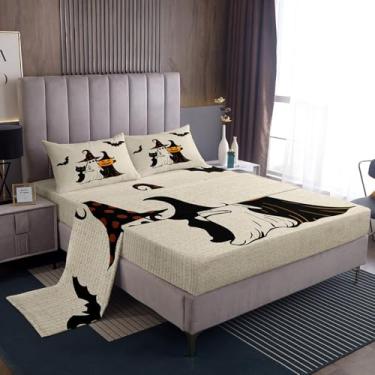 Imagem de jejeloiu Jogo de lençol solteiro, decoração de Halloween, abóbora, bolso profundo, fantasma, gato preto, macio, 3 peças com 1 fronha