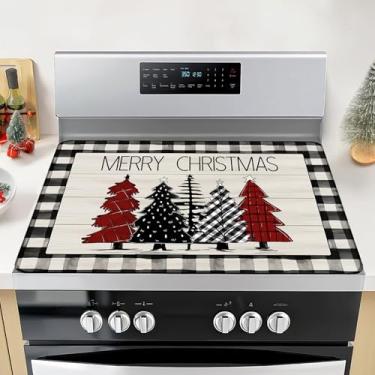 Imagem de Capas superiores de fogão de Feliz Natal para fogão elétrico 71 x 50 cm, Bufflao xadrez de Natal resistente ao calor, protetor de placa de indução, protetor de bancada dobrável lavável