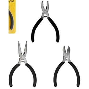 Imagem de Jogo 3 Mini Alicates Kit 3 Peças 4,5 Polegadas Bico Meia Cana, Corte e Universal, Aço Carbono, Cabo Emborrachado, Preto