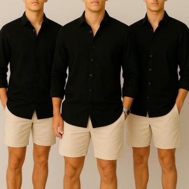 Imagem de Kit 3 Camisa de Linho Blusa Manga Longa Viscose Praia Masculina Muitas