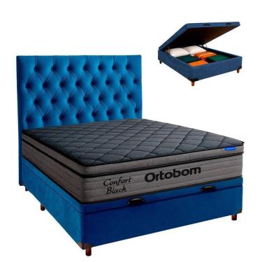 Imagem de Baú Azul + Cabeceira + Colchão Casal Confort Black Ortobom