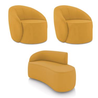 Imagem de Sofá 2 Lugares Orgânico 140cm Morgan e 2 Poltronas Lua Veludo Mostarda D03 - D'Rossi