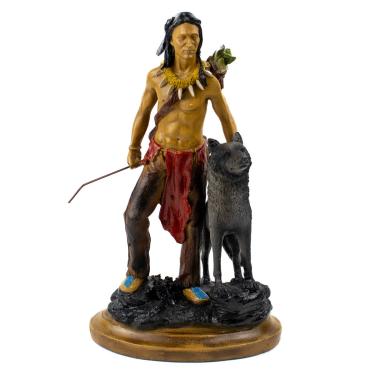 Imagem de Escultura Índio Xamã Caçador Com Lobo 30 cm em Resina