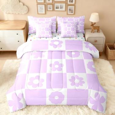 Imagem de Feelyou Jogo de cama solteiro com estampa de flores fofas, xadrez, roxo e branco, para crianças, meninos, meninas, lençol com edredom, lençóis, fronhas, capas de almofada, decoração de quarto