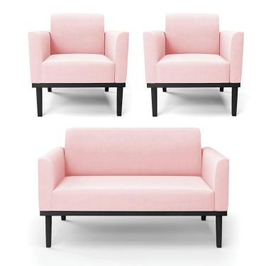 Imagem de Sofá Namoradeira Com 2 Poltronas Base De Madeira Fixa Preto Marisa Suede Rosa Bebê D03 - D'Rossi
