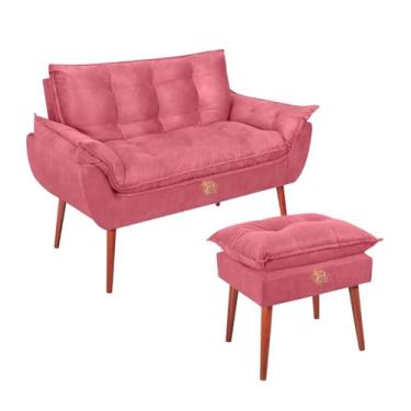 Imagem de Kit Namoradeira Opala 2 Lugares + Puff Suede Retrô - Sofá Compacto e Banco Pés Madeira Maciça - Conforto para Sala Estar/Quarto (VIT DECOR) (Rose)