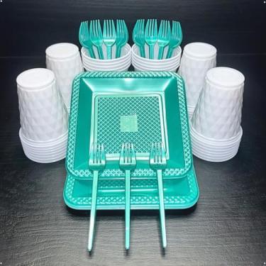 Imagem de Conjunto de luxo descartável para festas de aniversário com 260 peças Pratos quadrados de plástico colorido com efeito perolado Cores doces (Branco Verde Perolado)