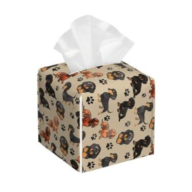 Imagem de Lindo suporte de capa de caixa de lenços de papel de cachorro Dachshund, quadrado com cinto inferior - Organizador decorativo de couro PU para mesa, banheiro, carro, escritório