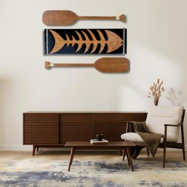 Imagem de Kit Decorativo Náutico, 2 Remos Rústicos em Madeira Pinus 80x15cm, Quadro Espinha de Peixe 25x80cm, Decoração de Parede para Casa, Sala, Varanda