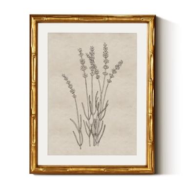 Imagem de InSimSea Arte de parede em tela emoldurada de bambu dourado, pinturas botânicas de lavanda minimalista, moldura vintage antiga com tapete, decoração de parede de casa vitoriana para sala de estar