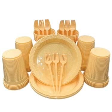 Imagem de Kit 300 Itens Festa Aniversário Descartáveis Plástico Colorido Perolado 100 Pessoas Completo Pratinho Garfinhos Copos (Laranja Candy)