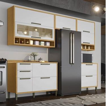 Imagem de Cozinha Modulada Completa 5 Peças 8 Portas E Vidro Reflecta 280cm 100% Mdf Vicenza Espresso Móveis Amêndoa-branco