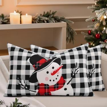 Imagem de decorUhome Conjunto de 2 capas de almofada decorativas de linho de boneco de neve preto e branco de Natal 30 x 50 cm, xadrez de búfalo lombar, capas de almofada guingão com borda costurada para