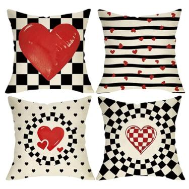 Imagem de Fjfz Conjunto de 4 capas de almofada decorativas para o dia dos namorados, 45,7 x 45,7 cm, coração vermelho, preto, branco, quadriculado, listras, alpendre, decoração de casa, decoração de casa