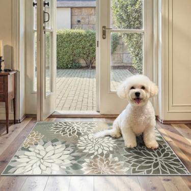 Imagem de Tapete de área 2x3 marrom branco lavável pequeno tapete multicolorido tropical botânico moderno floral interior cozinha tapete de entrada antiderrapante para quarto sala de estar, varanda