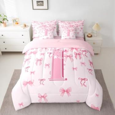 Imagem de jejeloiu Conjunto de edredom com laço rosa para meninas, 7 peças, solteiro, com laço fofo, para crianças, meninos, meninas, letra I, cama em uma bolsa, monograma, laço coquete, microfibra leve e macia