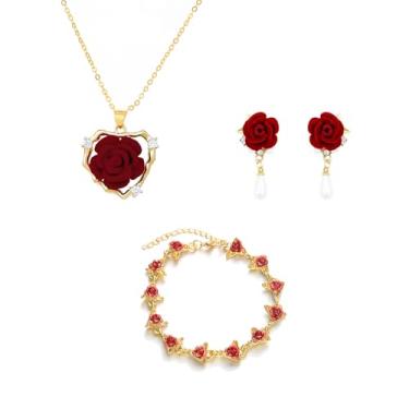 Imagem de QLUYCKW Conjunto de 3 peças de joias de rosa vermelha para mulheres, colar com pingente de flor de rosa delicada, vintage, pulseira de flor vermelha, brincos pendentes de casamento e dia dos namorados