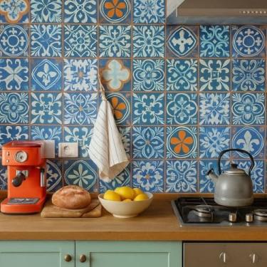 Imagem de Papel de Parede Adesivo Azulejo Português 5 metros = 1 Rolo de 5m X 45cm Autocolante Cozinha Banheiro