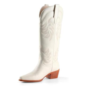 Imagem de iiimmu Botas femininas Cowgirl, cano alto, bico fino, salto bloco, camurça caubói e couro sintético com bordado, PU Bone White - Altura da panturrilha, 41