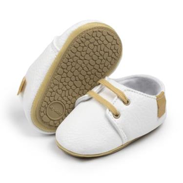 Imagem de Tênis Oxford para bebês meninos meninas couro PU sola de borracha macia antiderrapante infantil tornozelo mocassins First Walker, A01/branco, 12-18 Months Toddler