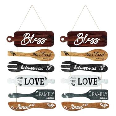 Imagem de Sibba 10 peças Bless the Food Before Us Assine cozinha colagem arte de parede decoração de casa de fazenda sala de estar placas de madeira rústica corda vertical pendurar placas de parede decoração