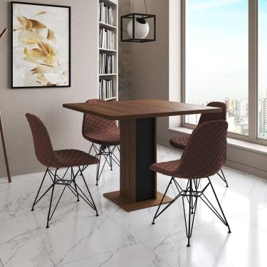 Imagem de Mesa Jantar Londres Quadrada Amêndoa 90Cm Base Preta 4 Cadeiras Eames Estofadas Caramelo Ferro Preto
