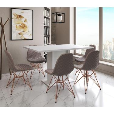 Imagem de Mesa Jantar Londres Retangular Branca 137X90 6 Cadeiras Estofadas Nude Médio Base Cobre