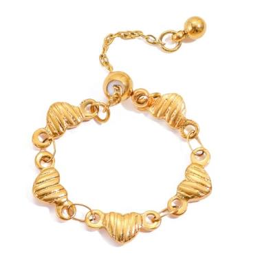 Imagem de Anel de corrente ajustável de coração exclusivo de aço inoxidável banhado a ouro 18 quilates com corações de amor empilháveis anéis de compromisso pendurados pequena bola borla delicadamente ajuste