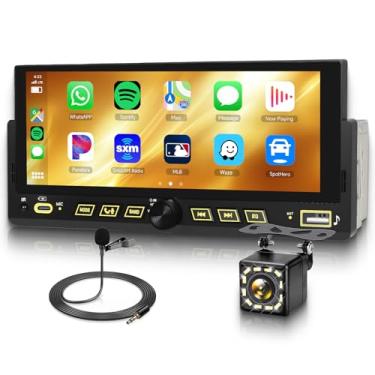 Imagem de 1 DIN CarPlay Car Stereo Wireless Android Auto, tela sensível ao toque de 16,86 cm, unidade de cabeça USB-C, botão de volume, rádio FM, BT5.2, câmera de backup EQ