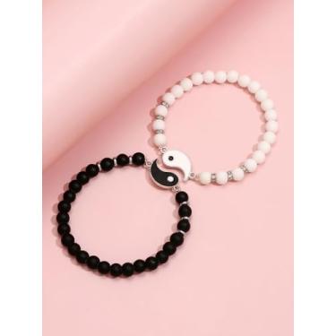 Imagem de Pulseiras de casal para ele e ela, conjunto de pulseiras de amizade combinando com contas pretas e brancas, pulseiras de distância de relacionamento para casais, joias elásticas ajustáveis boho