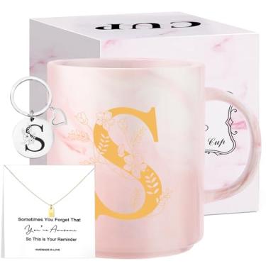Imagem de Presentes de Natal com monograma para mulheres, caneca de chá de cerâmica inicial de 325 ml com colar, presente de aniversário exclusivo para sua esposa, professora, amiga, mãe, P