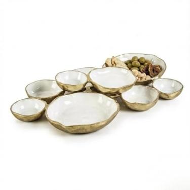 Imagem de Conjunto de 9 tigelas de servir redondas esmaltadas bandeja de lanche elegante decorativa para azeitonas, batatas fritas e molhos, nozes, aperitivos e entretenimento latão forte e esmalte para