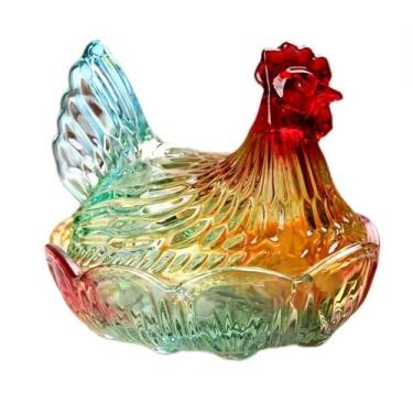 Imagem de Falytemow Prato de doces em forma de galinha de cristal de vidro, tigela de frutas com design criativo de frango com tampa para decoração de mesa, prato de lanche de sobremesa para casa, escritório