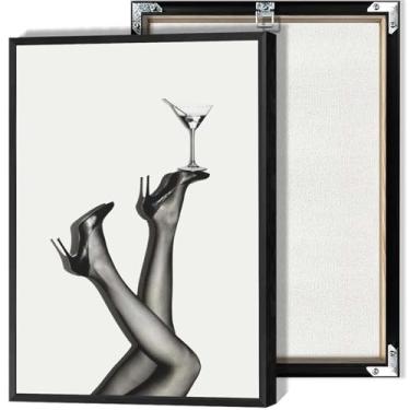 Imagem de Martini Glass High Heeled Shoe Canvas Wall Art Preto e Branco Estilo Minimalista Pôsteres Vintage Simples Moderna Estética Impressões para Cozinha Sala de Estar Dormitório Decoração de Parede 30,5 x