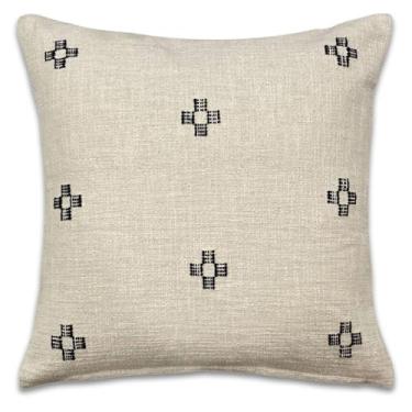 Imagem de PILLOWPIA Capa de almofada Marguerite 20 x 20-100% algodão, estampa floral moderna, costas lisas, creme, zíper de latão e puxador de logotipo, fita de papoula exclusiva