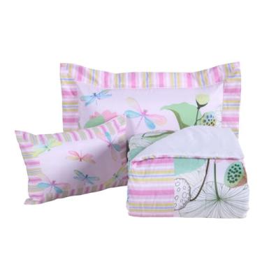 Imagem de Conjunto 4 Peças de Edredom Solteiro e Infantil, com Porta Travesseiro, Capa de Almofada e Enchimento, Estampa Digital Temática para Meninas, Leve e Macio (Girls/Libélulas)