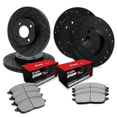 Imagem de R1 Concepts Conjunto de rotor de freio a disco preto perfurado e ranhurado com pastilhas Oe Optimum Dianteiro e Traseiro 1987-1987 Saab 900