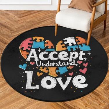Imagem de Tapete redondo de 1,8 m arte autismo amor coração macio tapete de área circular antiderrapante lavável tapete de porta para interior quarto berçário sala de estar cozinha banheiro entrada casa tapete