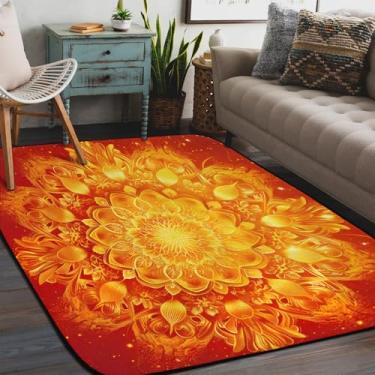 Imagem de Tapete para sala de estar, lavável à máquina, estilo mandala, laranja, étnico, antiderrapante, tapete macio, para sala de estar, quarto, sala de jantar, berçário, cozinha, decoração de casa