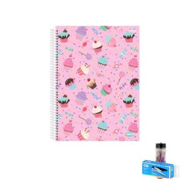 Imagem de Kit Caderno Feminino 10 Matérias 200 Folhas + Caneta Esferográfica Sortida 0.7mm + Grampeador Alicate S-150
