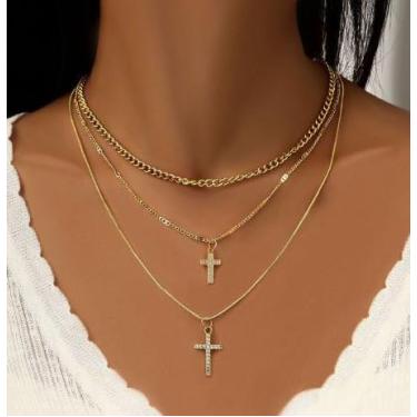 Imagem de Colar feminino banhado a ouro e prata com pingente de cruz retangular com fecho articulado, conjunto de colar de ouro, Medium, Metal, Sem Pedra Preciosa