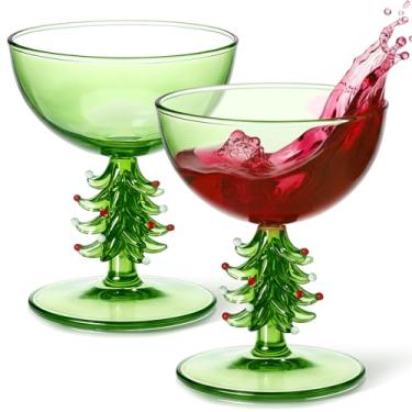 Imagem de Sunnychicc 2 peças de taça de vinho com haste de árvore de Natal de cristal vintage elegante taça de vinho para festa alegre festiva ano novo torcida Natal decoração estação inverno (verde)
