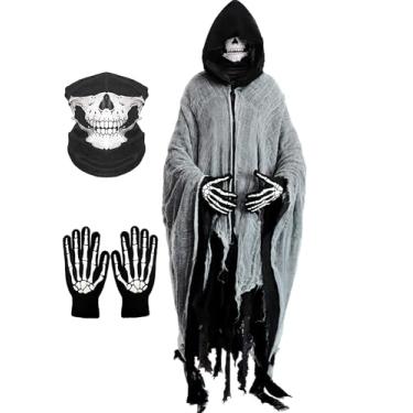 Imagem de Fantasia de Ceifador de Halloween Capa de Terror com Capuz para Homens Vintage Conjunto de Manto com Gancho Assustador, Máscara de Caveira e Luvas de Esqueleto (Preto)