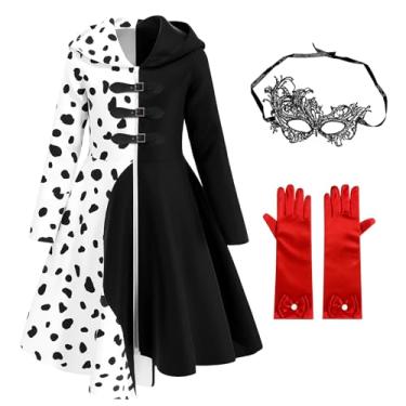 Imagem de LiuSuper Fantasia de Halloween com estampa dálmata para meninas, vestido preto e branco com luvas e acessórios para festas, cosplay, 11 a 12 anos