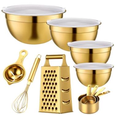 Imagem de LemonRoad Conjunto de 8 peças de acessórios de cozinha dourados, inclui tigelas douradas de 1,5/2/2,8/3,6 litros com tampas herméticas, 1 conjunto de copos medidores de aço inoxidável, fatiador