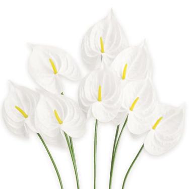 Imagem de MOEFAL Flores brancas de antúrio, plantas de enchimento de poliuretano artificial de 8 peças, hastes de vegetação sintética para buquês de casamento DlY e centros de mesa, arranjos florais artificiais
