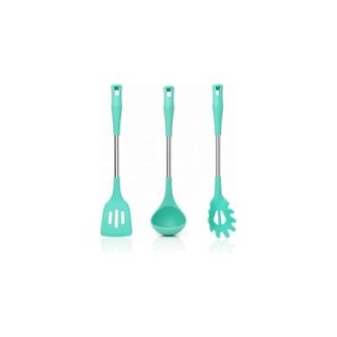 Imagem de Conjunto de Utensílios de Silicone, Verde, 3 Peças, Resistente ao Calor até 230°C, Fuê 26cm, Espátula 24.5cm, Pincel 22cm
