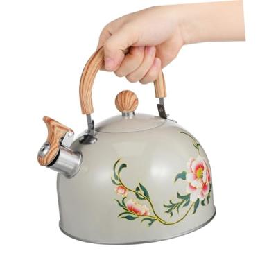 Imagem de Yadlan Chaleira de assobio de aço inoxidável com flores decorativas de grande capacidade, bule de chá para fogão com cabo ergonômico, chaleira de água quente para fogões a gás de indução
