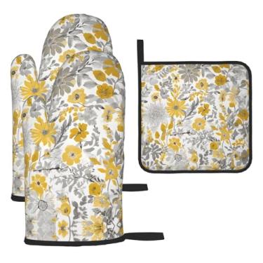 Imagem de Conjunto de cozinha essencial de 3 peças com estampa de flor amarela e cinza, luvas resistentes ao calor e alça de tampa, proteção para churrasco no forno, design de armazenamento suspenso.